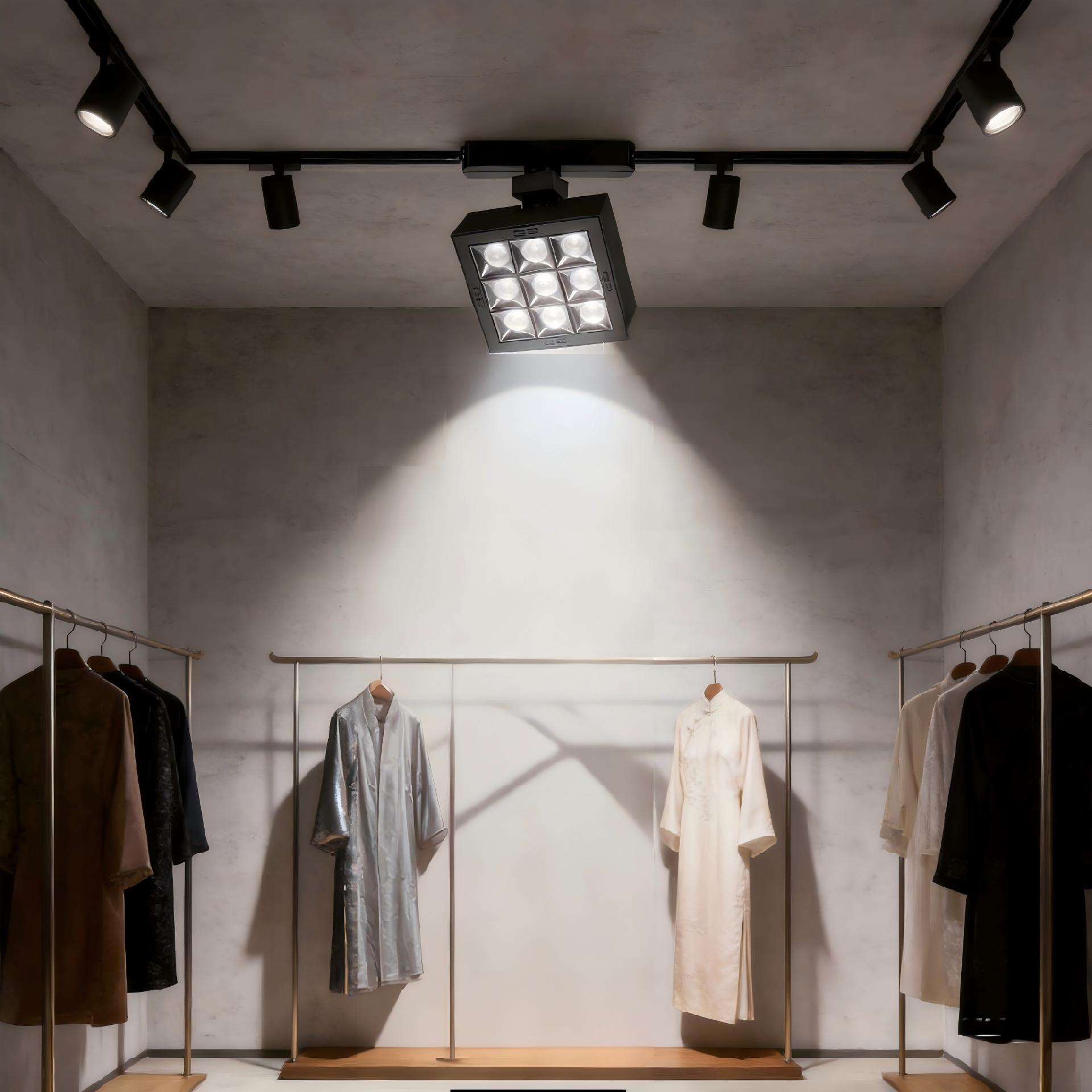 jimeng-2026-06-22-2272-极简现代中式美学服装展厅，浅灰色高级微水泥墙面，搭配极简原木与哑光金属材质的服装....png